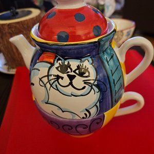 hand painted Italy ceramic teapot cat with flowers colorful